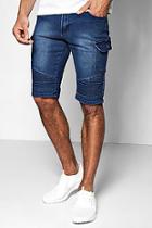 Boohoo Indigo Wash Loose Fit Denim Biker Shorts With Cargo Details