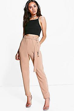 Boohoo Petite Alice Tie Waist Tapered Trouser