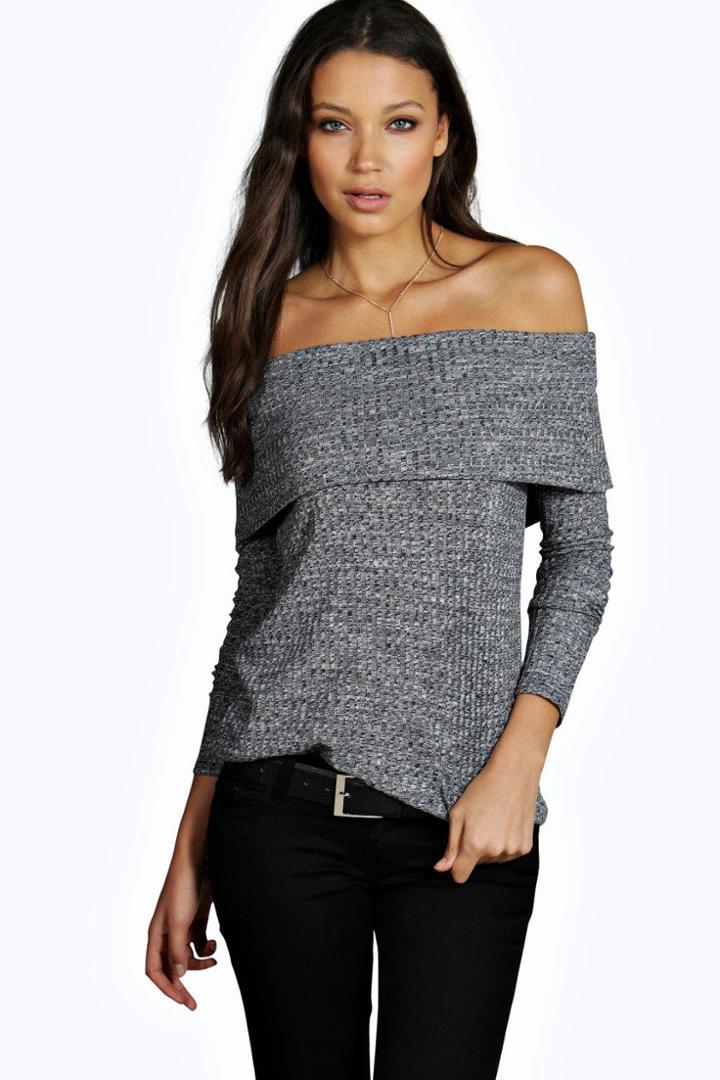 Boohoo Tall Ruby Large Rib Off The Shoulder Top Grey