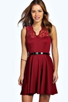 Boohoo Petite Lizzie Scallop Lace Belted Skater Dress Wine