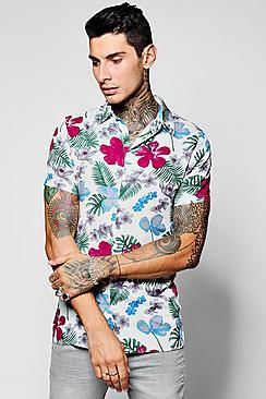 Boohoo White Floral Print Short Sleeve Collar Shirt
