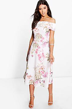 Boohoo Abigail Floral Oversized Bardot Midi Skater Dress