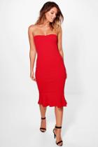 Boohoo Harriet Ruffle Hem Bandeau Midi Dress Red