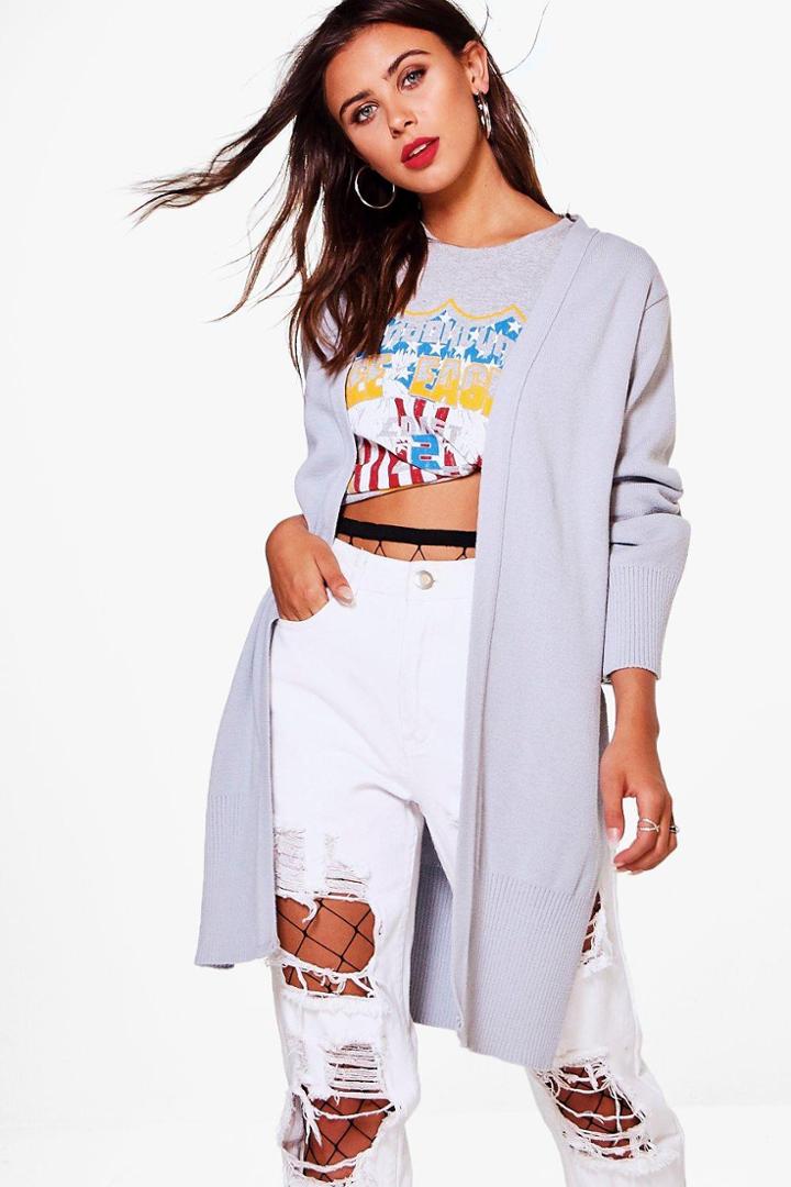 Boohoo Petite Louise Side Split Boyfriend Cardigan Grey