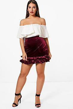 Boohoo Plus Charlotte Frill Hem Velvet Skirt