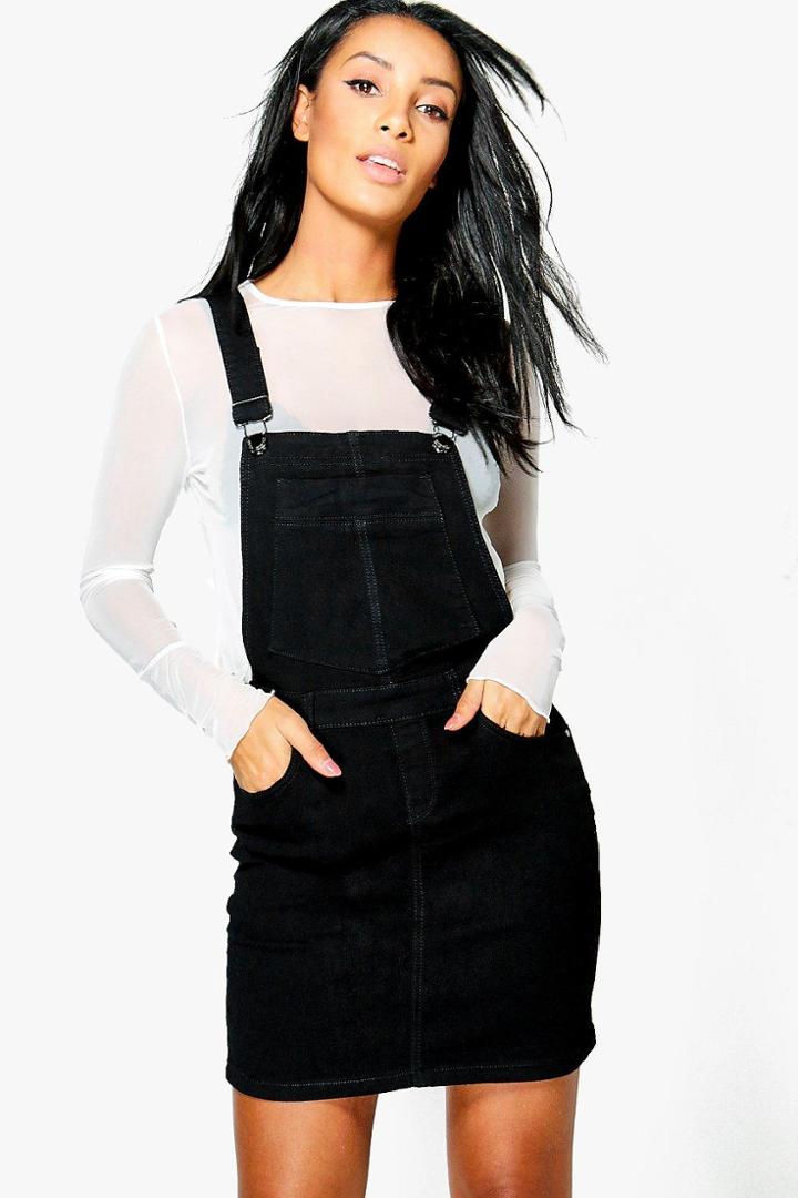 Boohoo Penny Stretch Denim Pinafore Dress Black
