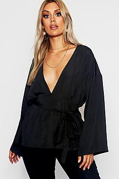 Boohoo Plus Plunge Kimono Sleeve Top