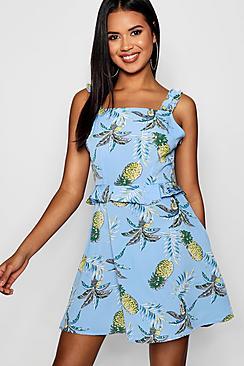 Boohoo Ruffle Detail Pineapple Print Skater Dress
