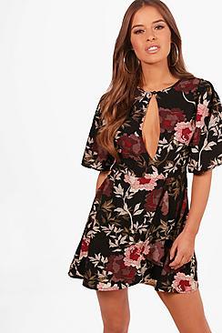 Boohoo Petite Tilly Keyhole Detail Floral Skater Dress