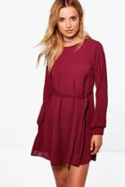 Boohoo Lily Belted Woven Dress Wine