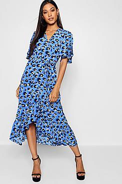 Boohoo Leopard Print Frill Wrap Midi Dress