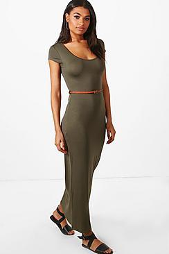 Boohoo Cap Sleeve Belted Maxi Dress