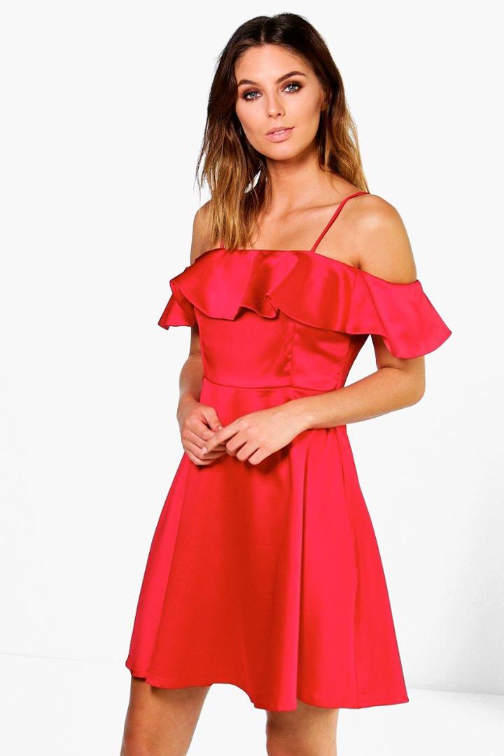 Boohoo Suki Satin Off The Shoulder Frill Skater Dress Red