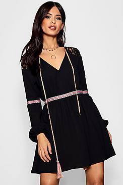 Boohoo Felicity Aztec Ribbon Trim Skater Dress