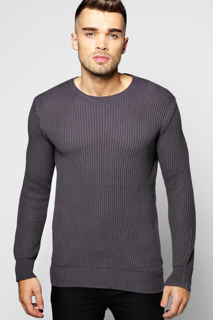 Boohoo Fisherman Rib Crew Neck Jumper Grey