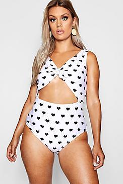 Boohoo Plus Heart Print Tie Front Bikini