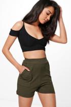 Boohoo Petite Rachel High Waisted Pocket Shorts Khaki