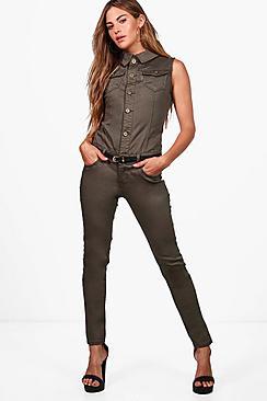 Boohoo Layla Khaki Utlity Denim Jumpsuit