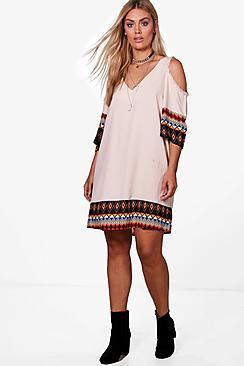 Boohoo Plus Betty Printed Open Shoulder Shift Dress
