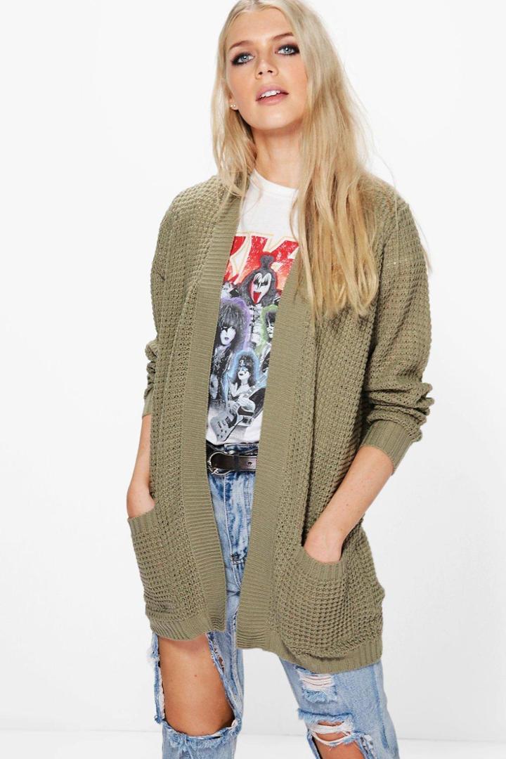Boohoo Leah Open Front Cardigan With Pockets Moss