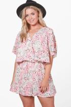 Boohoo Plus Bethany Flippy Floral Print Playsuit Cream