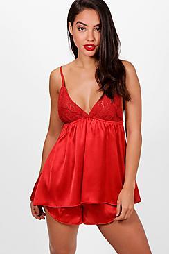 Boohoo Lena Satin & Lace Pj Short Set