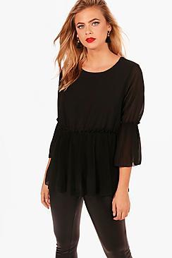 Boohoo Pleated Peplum Frill Woven Top