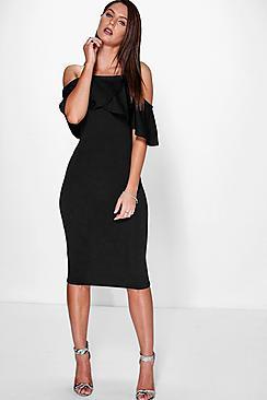 Boohoo Dalila Cold Shoulder Frill Detail Midi Dress