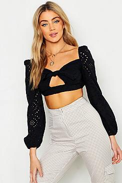 Boohoo Broderie Volume Sleeve Peasant Top