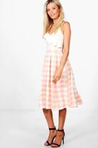 Boohoo Lianne Large Gingham Box Pleat Skater Skirt Nude