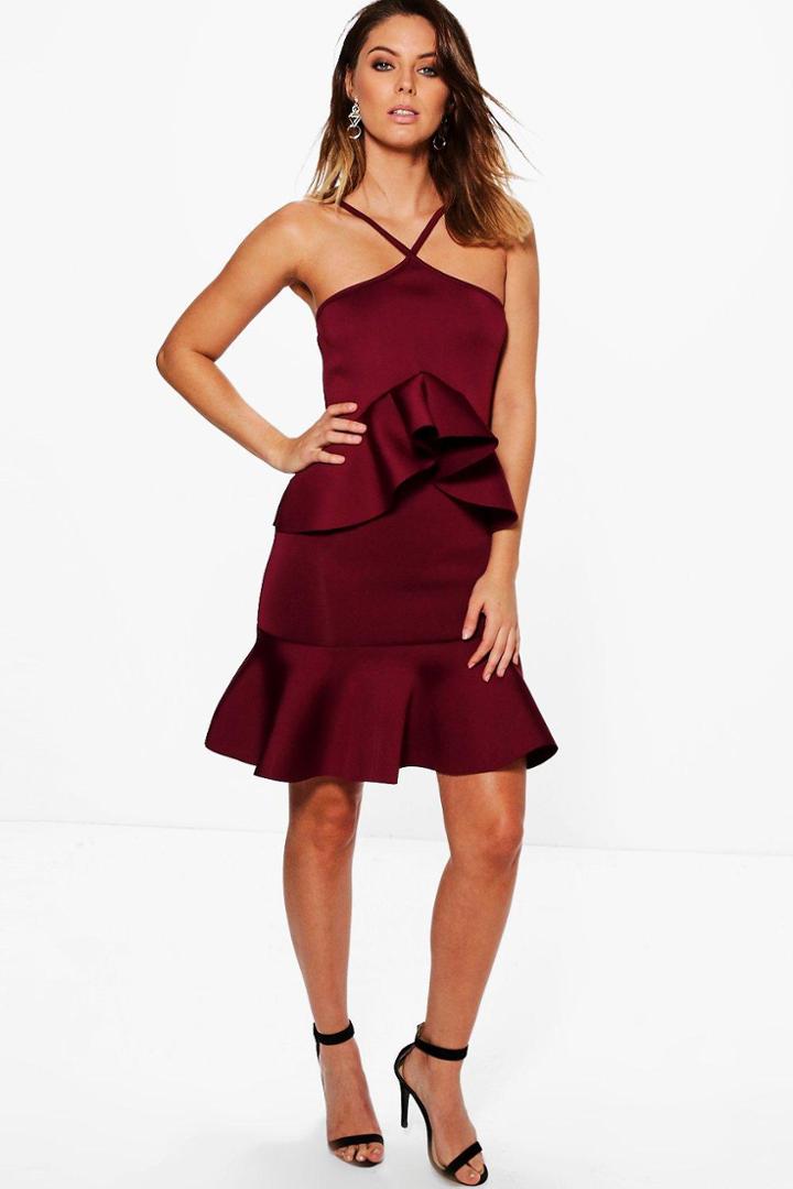Boohoo Cleo Scuba Peplum Frill Hem Bodycon Dress Wine