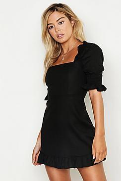 Boohoo Petite Linen Square Neck Frill Detail Mini Dress