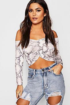 Boohoo Snake Print Ruched Long Sleeve Crop Top