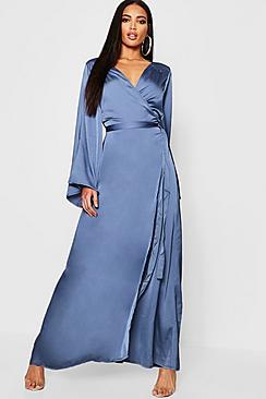 Boohoo Wrap Front Satin Maxi Dress