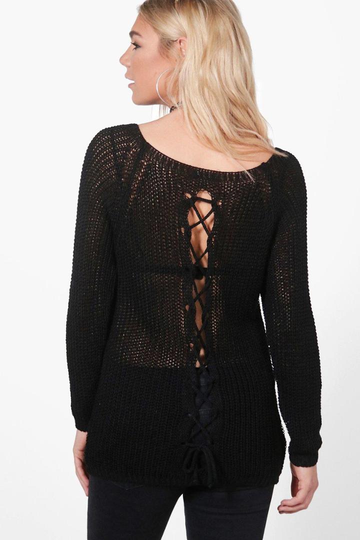 Boohoo Frances Lace Up Back Slouchy Jumper Black