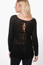 Boohoo Frances Lace Up Back Slouchy Jumper Black