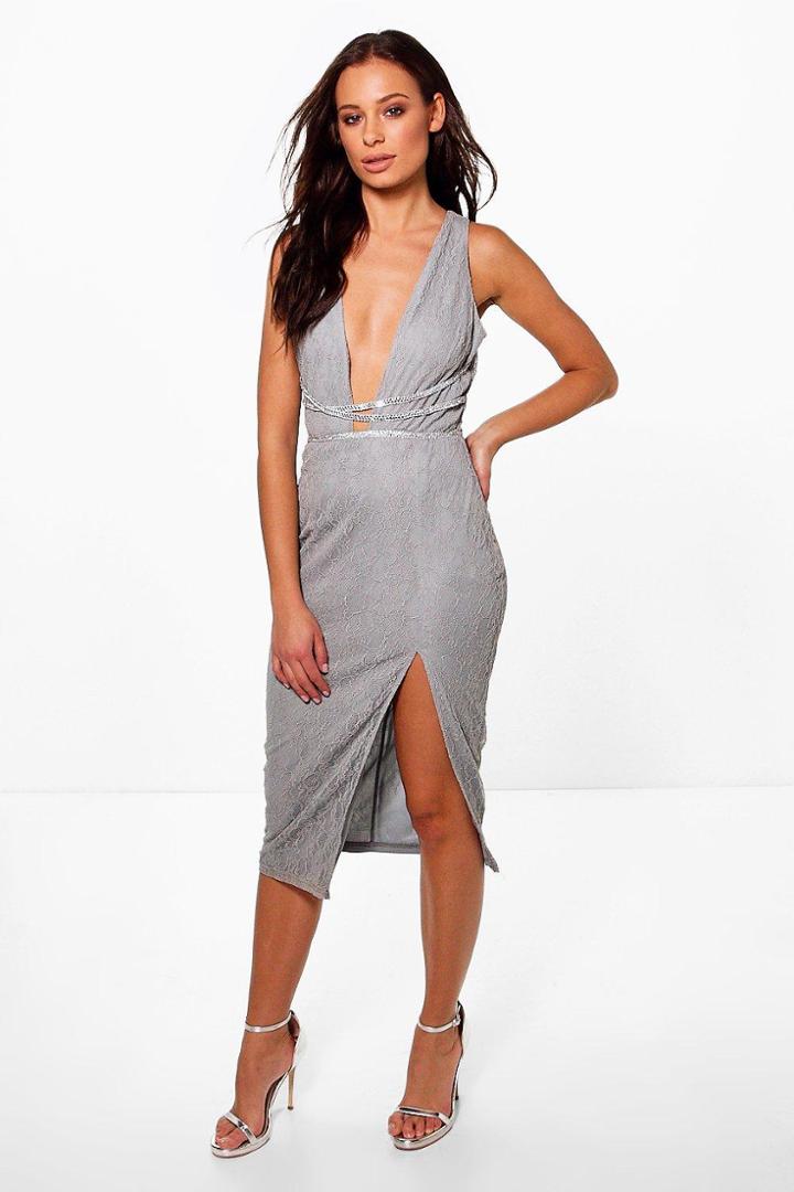 Boohoo Boutique Ria Sequin Waist Midi Bodycon Dress Grey