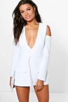 Boohoo Lois Blazer Style Cut Out Shoulder Playsuit Ivory