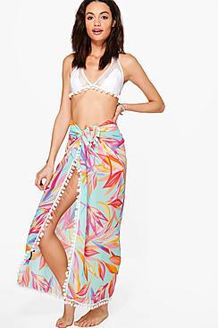 Boohoo Florence Tropical Leaf Pom Pom Beach Sarong