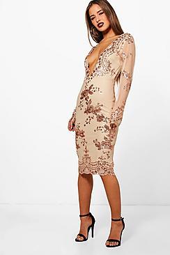 Boohoo Petite Sequin And Mesh Long Sleeve Midi Dress