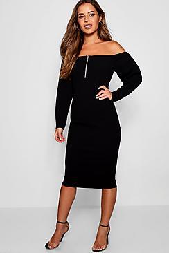 Boohoo Petite Payton Long Sleeve Bardot O-ring Midi Dress