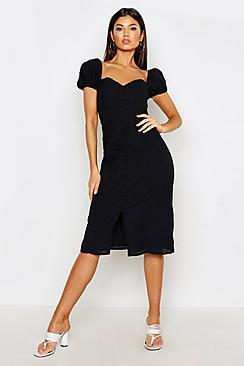 Boohoo Broderie Anglais Puff Sleeve Button Midi Dress