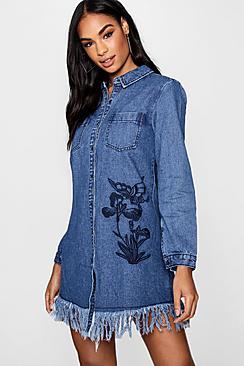 Boohoo Emma Embroidered Denim Shirt Dress