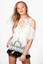 Boohoo Melissa Feather Tie Cold Shoulder Crochet Top White