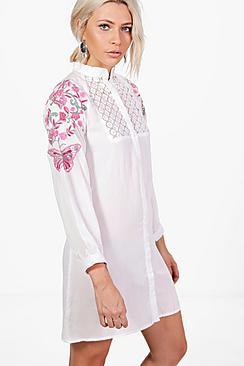 Boohoo Oana Lace Insert Embroidered Shirt Dress