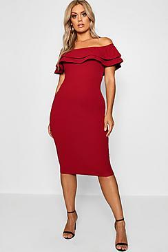 Boohoo Plus Ruffle Bardot Bodycon Dress