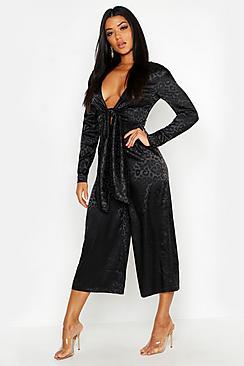 Boohoo Leopard Satin Jacquard Knot Front Jumpsuit