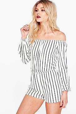 Boohoo Petite Emma Stripe Off The Shoulder Playsuit