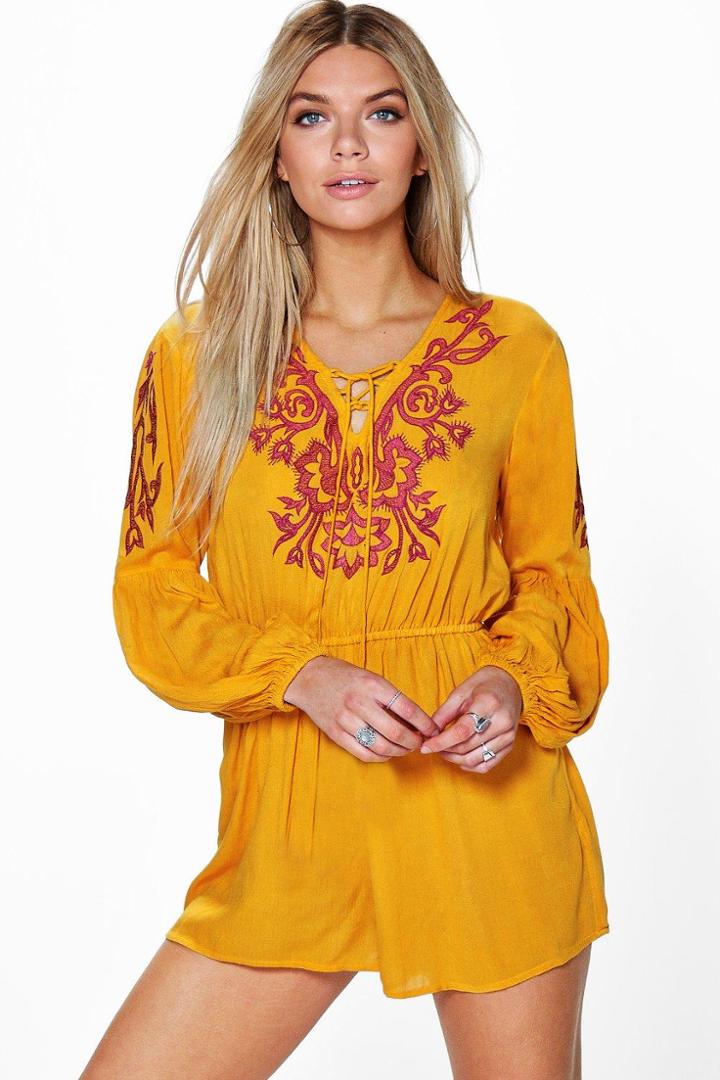 Boohoo Ria Embroidered Tassel Trim Playsuit Mustard