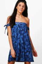 Boohoo Grace Tie Dye Off The Shoulder Tie Sleeve Shift Dress Blue
